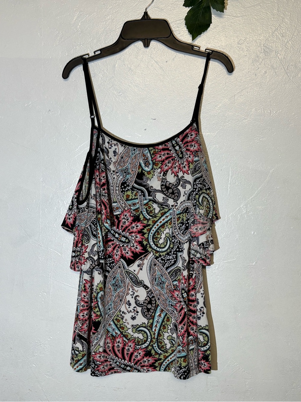 ECI White Paisley Ruffle Cami with Pink and Green Accents